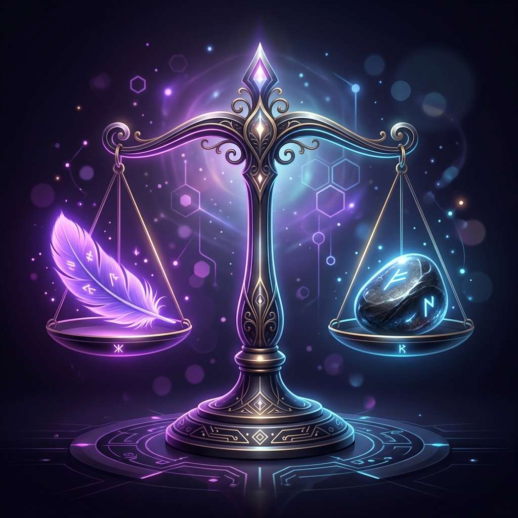 A glowing balance scale weighing a feather against a stone, representing attachment balance in love