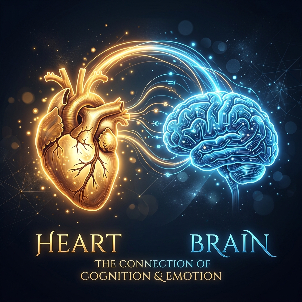A glowing heart and brain connected by streams of light, representing the bond between emotion and cognition