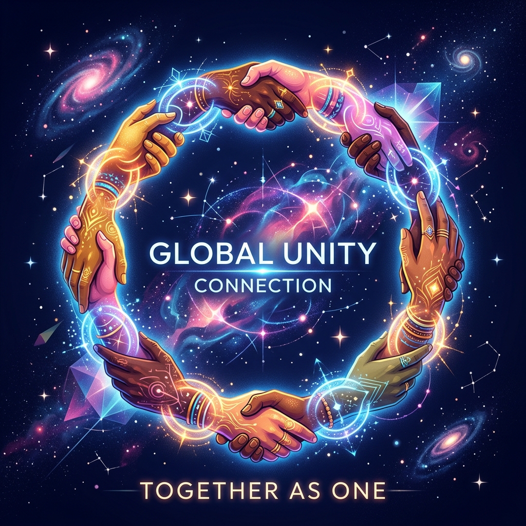 A circle of joined hands glowing among stars, representing friendship and connection