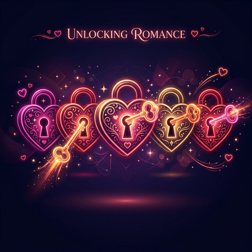 Five heart-shaped locks with glowing golden keys, representing the five love languages
