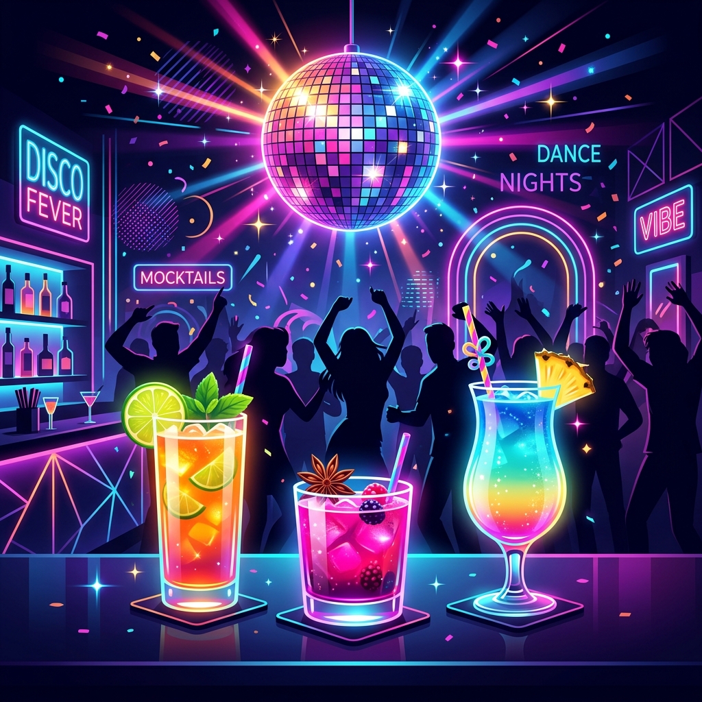 A neon disco ball over a dance floor with glowing cocktails, representing party energy