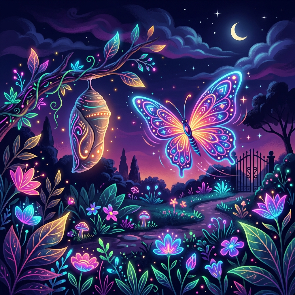 A glowing butterfly emerging beside a quiet cocoon in a twilight garden