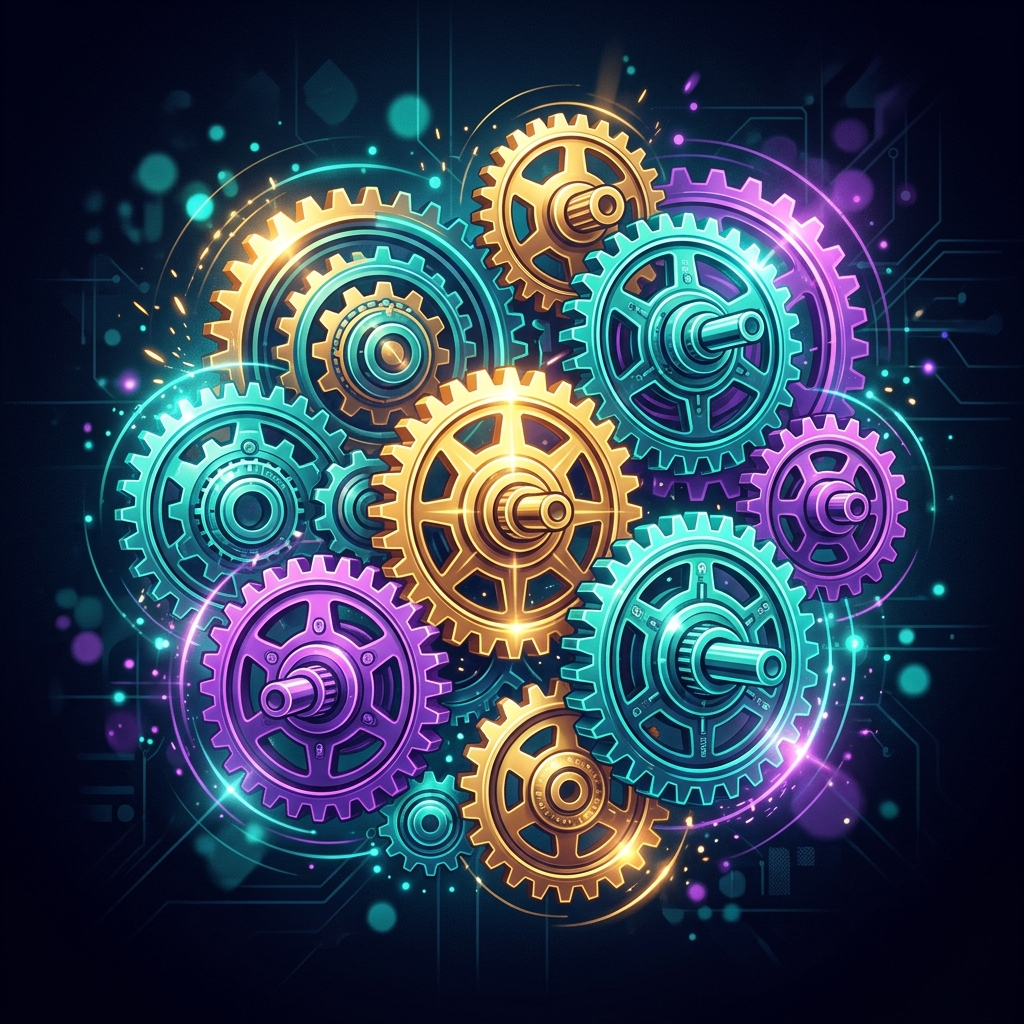 Interlocking glowing gears in teal, gold and purple, representing teamwork roles